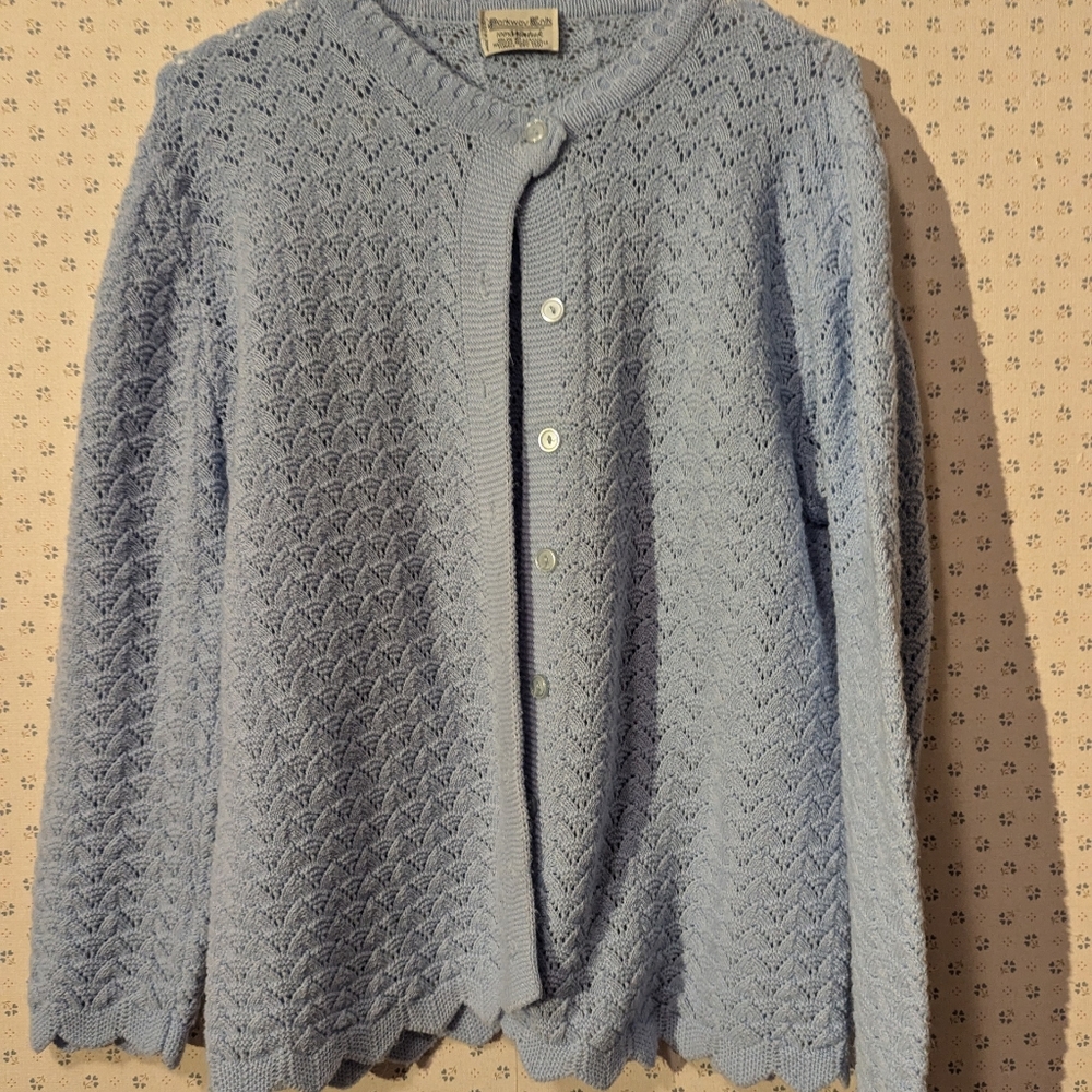 Vintage XL Cardigan Sweater Chevron Granny Light Blue Parkway Knits Lightweight